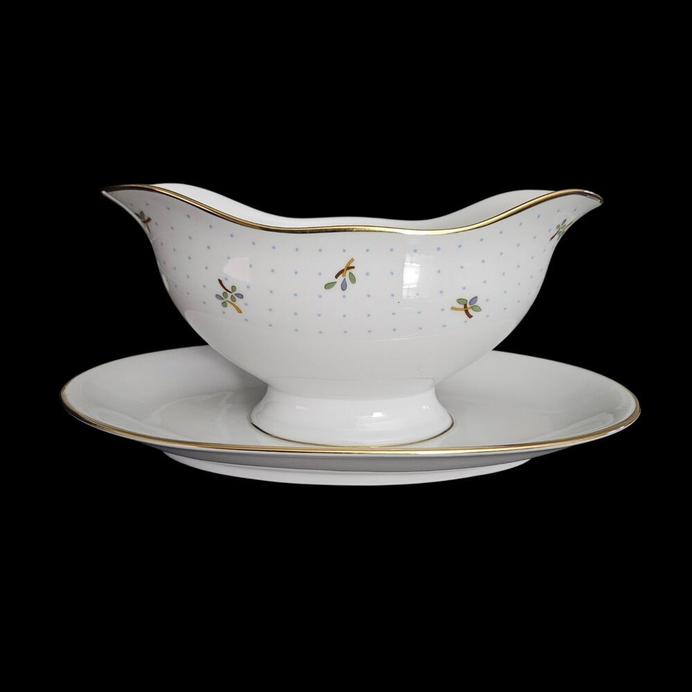 Richard Ginori Italy Porcelain Gravy Boat Attached Underplate Gold Trim Floral